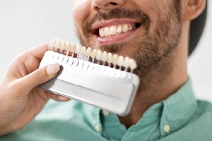 Man having the shade of his teeth determined